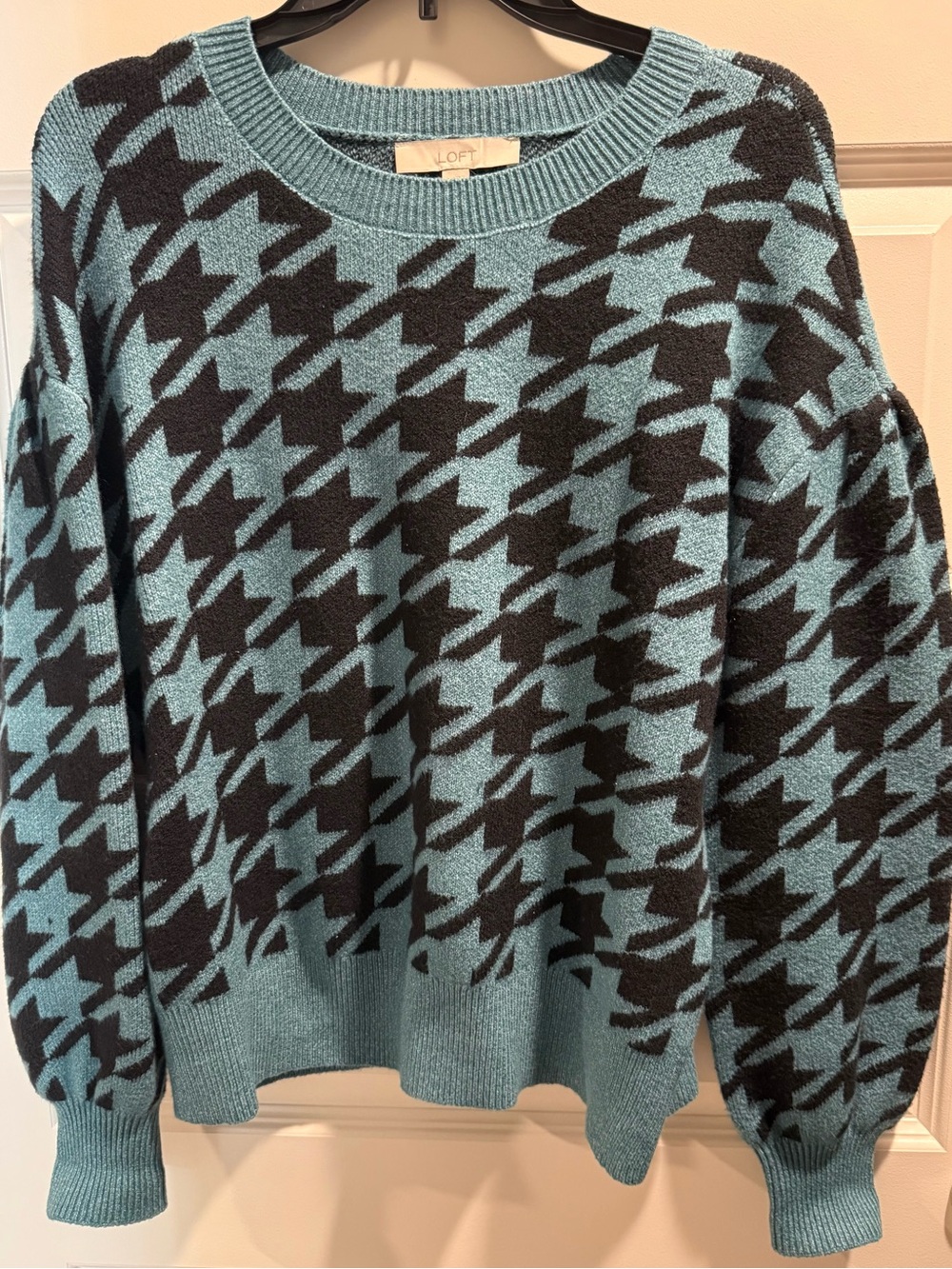 LOFT Teal and Black Houndstooth Crewneck Sweater New Sz Small